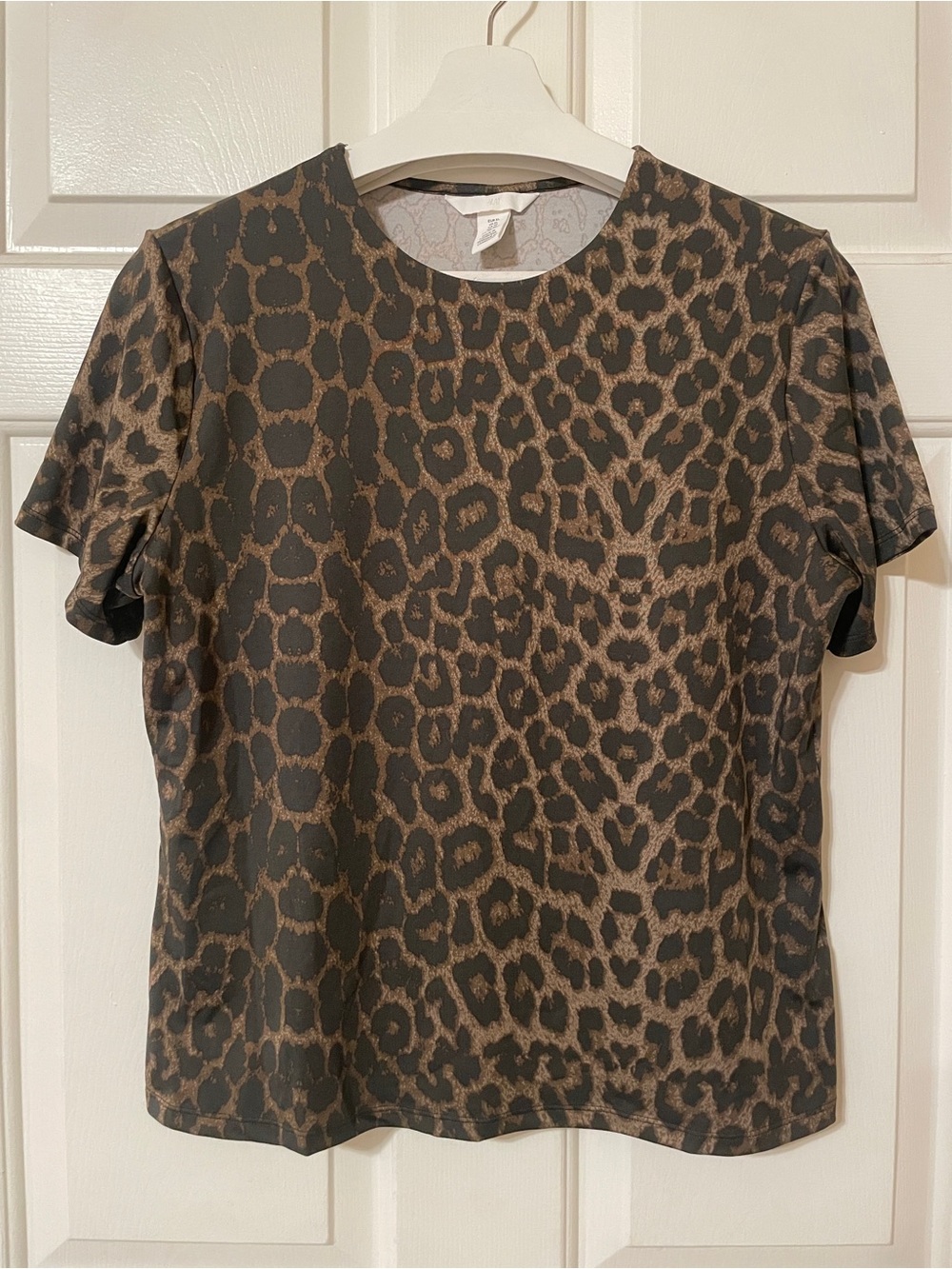 H&M Short Sleeve Brown Leopard Print Cheetah Stretch Fitted Top Size XL